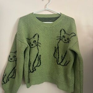 Green Cat Motif Sweater - Women's Crewneck